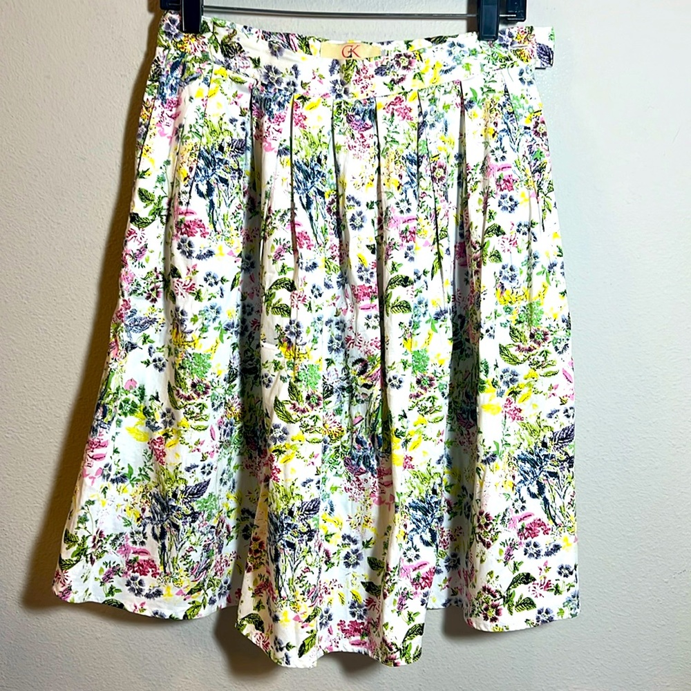 Grace Karin Floral Pleated Midi Knee Length Skirt Small